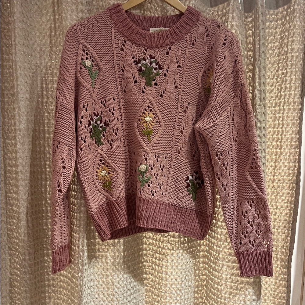 Listicle Pink Floral Embroidered Crewneck Sweater
